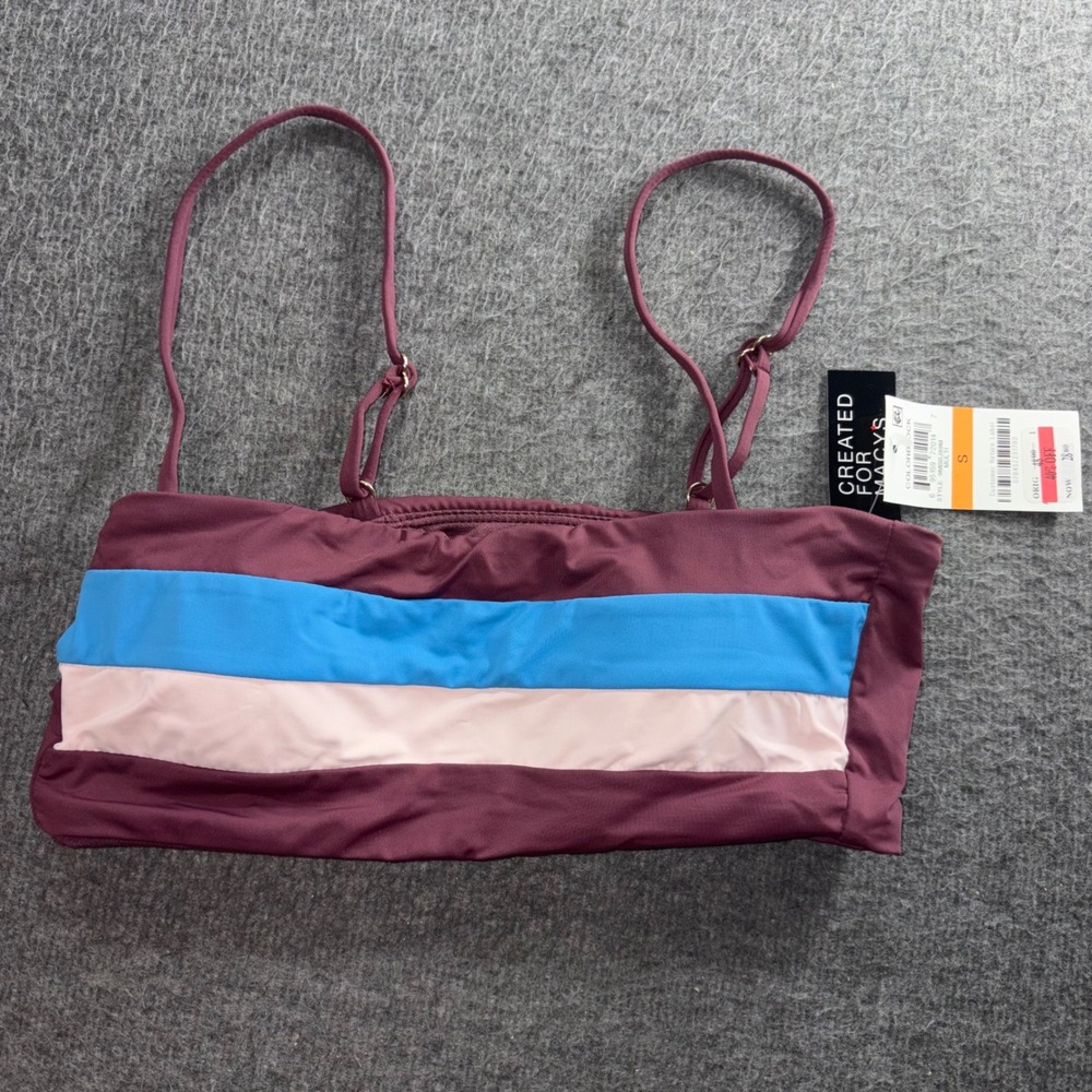 Bar III Women Colorblock Bandeau Bikini Top Burgundy Blue Pink Small NWT